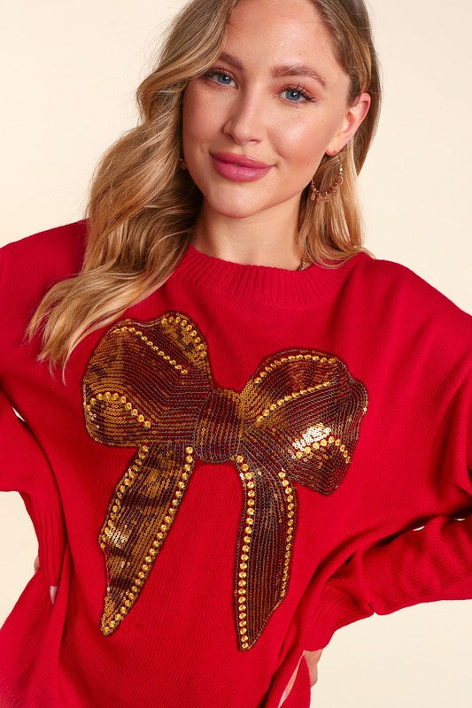 Gold Sequin Bow Christmas Sweater - Red-Sweater- Hometown Style HTS, women's in store and online boutique located in Ingersoll, Ontario