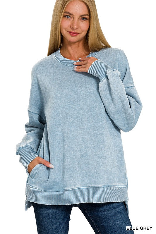 Hi-Low Pullover with Pockets - Blue Grey-Sweater- Hometown Style HTS, women's in store and online boutique located in Ingersoll, Ontario