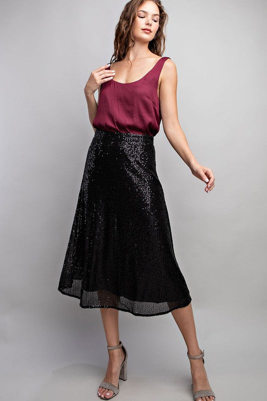 Sequin Midi Skirt - Black-Skirt- Hometown Style HTS, women's in store and online boutique located in Ingersoll, Ontario