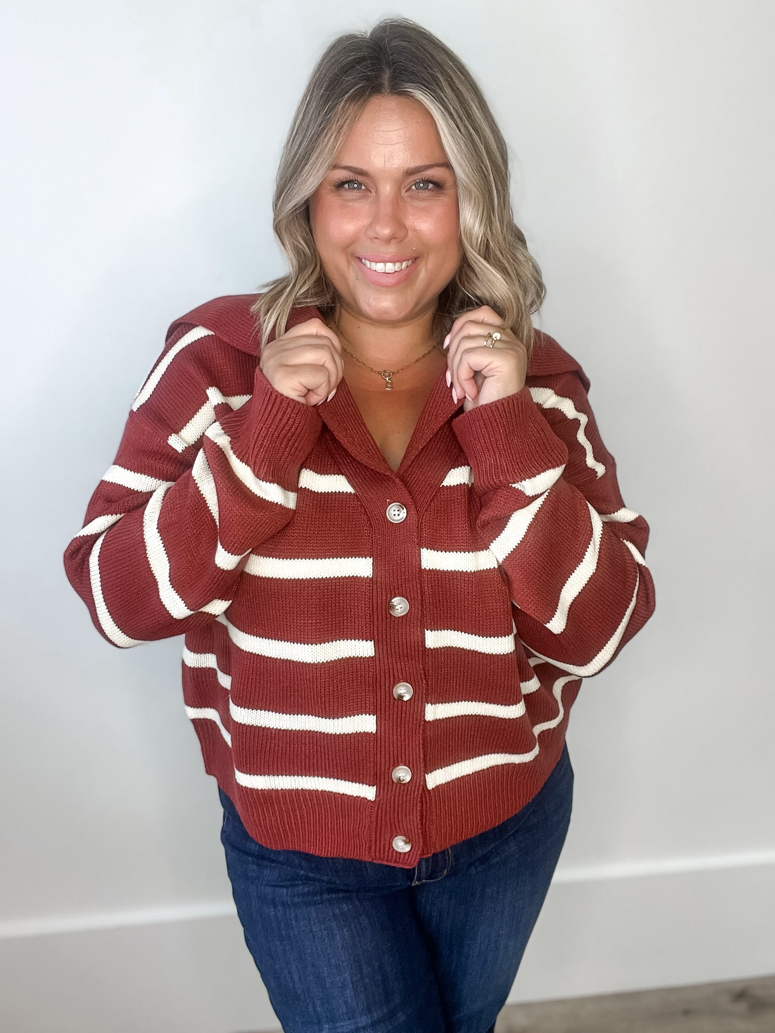 Striped Sailor Collar Cardigan - Rust-Sweaters and Cardigans- Hometown Style HTS, women's in store and online boutique located in Ingersoll, Ontario