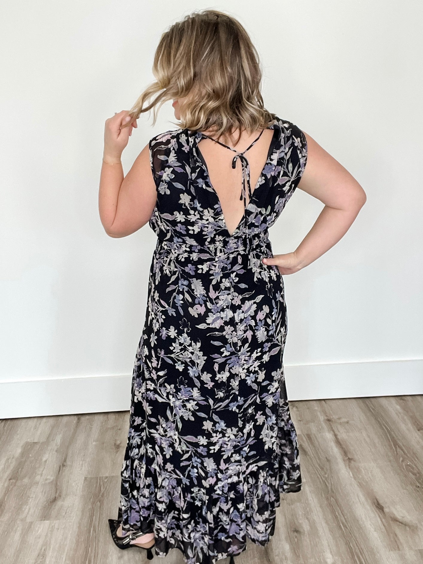 Floral Open Back Maxi Dress - Black-dress- Hometown Style HTS, women's in store and online boutique located in Ingersoll, Ontario