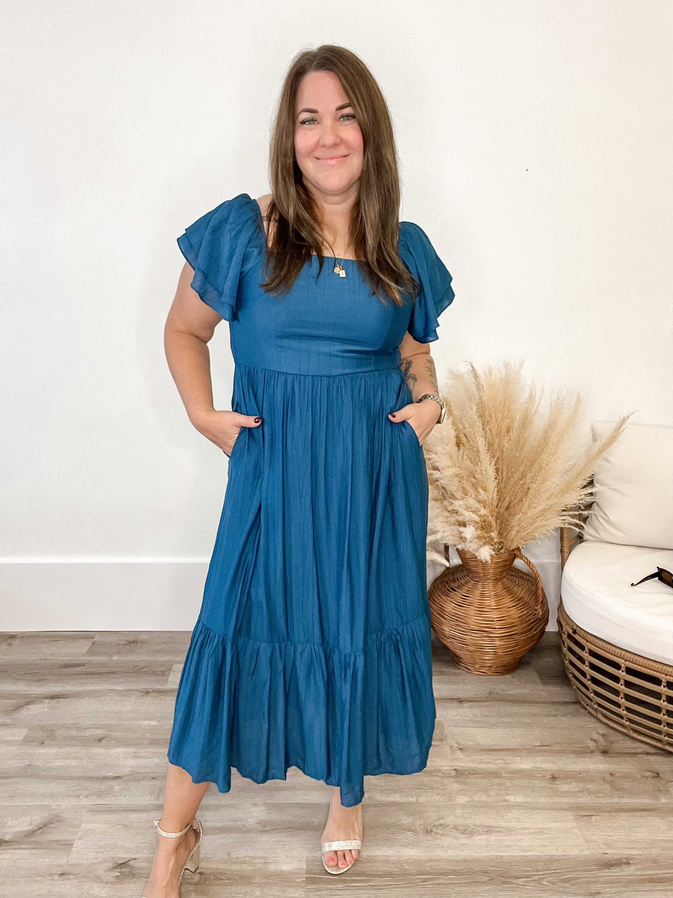 Ruffle Sleeve Maxi Dress - Blue-Dress- Hometown Style HTS, women's in store and online boutique located in Ingersoll, Ontario