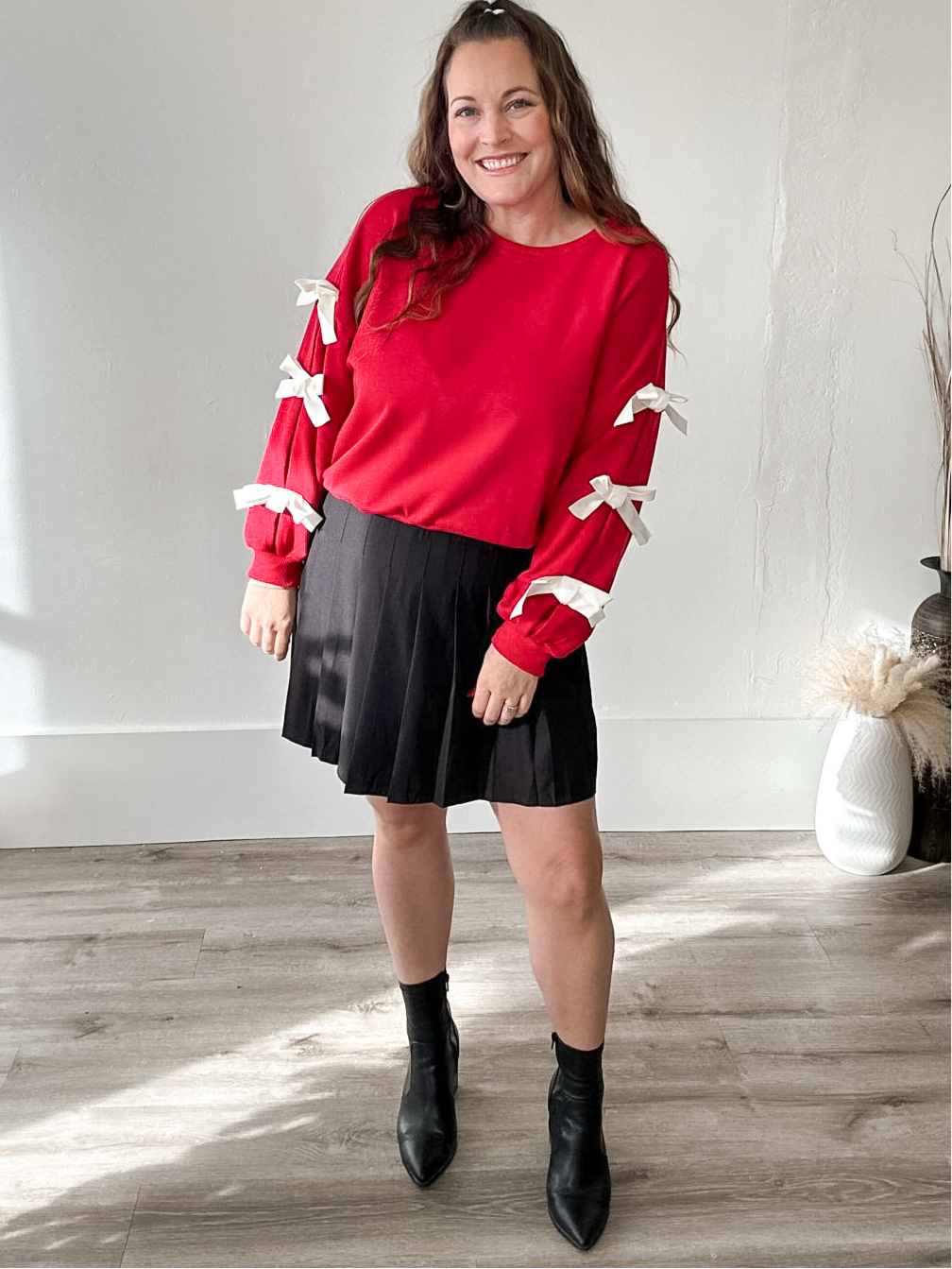 Ribbon Bow Sweatshirt - Red-sweater- Hometown Style HTS, women's in store and online boutique located in Ingersoll, Ontario