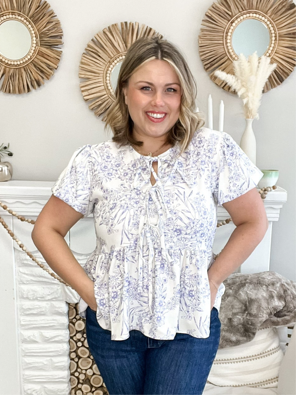 Front Ribbon Tie Blouse - Blue Floral-tops- Hometown Style HTS, women's in store and online boutique located in Ingersoll, Ontario