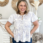 Front Ribbon Tie Blouse - Blue Floral-tops- Hometown Style HTS, women's in store and online boutique located in Ingersoll, Ontario