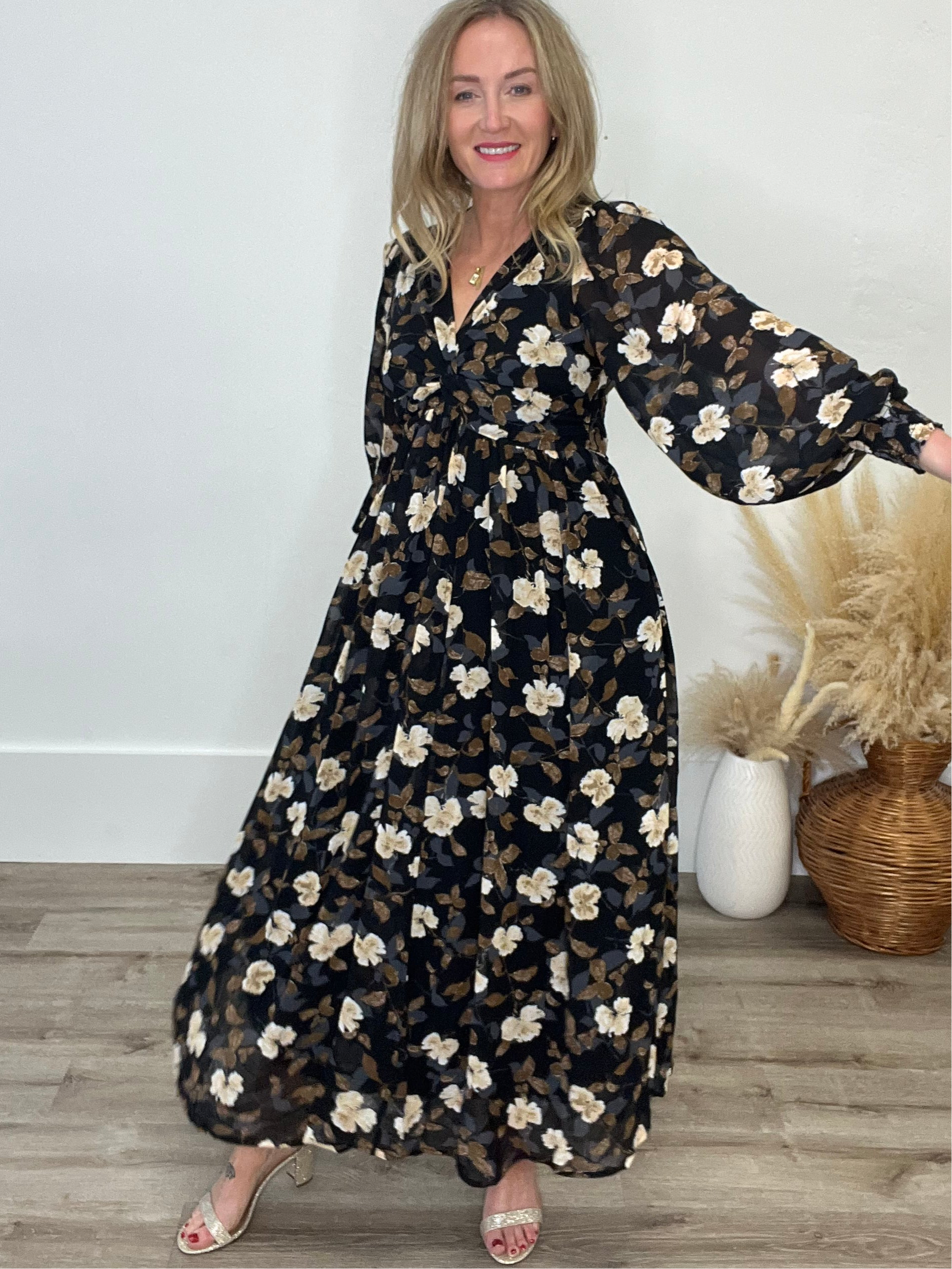 Floral Twist Wrap Maxi Dress - Black-Dress- Hometown Style HTS, women's in store and online boutique located in Ingersoll, Ontario