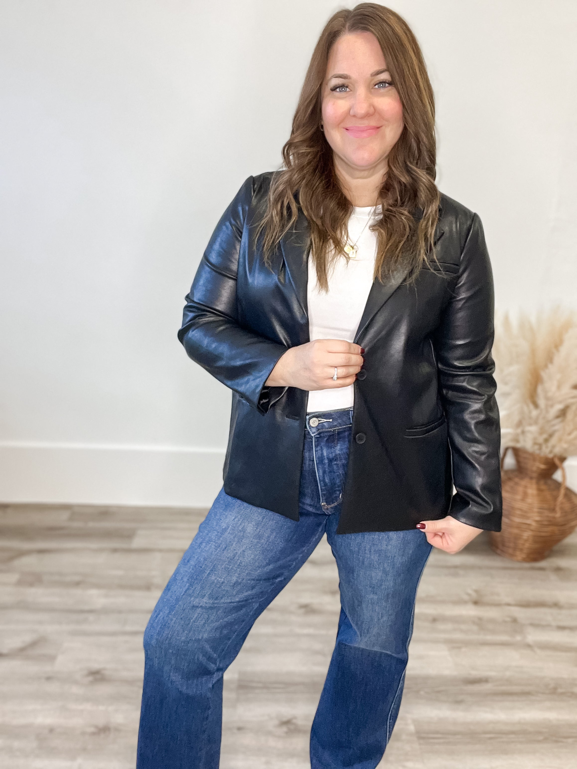 Faux Leather Blazer-Blazer- Hometown Style HTS, women's in store and online boutique located in Ingersoll, Ontario