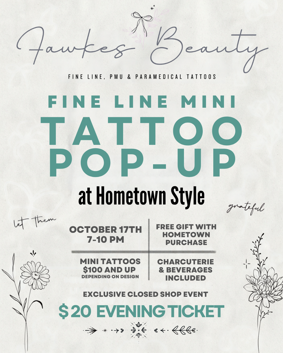 Fawkes Beauty - Mini Fine Line, Tattoo Evening-event- Hometown Style HTS, women's in store and online boutique located in Ingersoll, Ontario