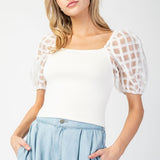 Mesh Puff Sleeve Top - White-tops- Hometown Style HTS, women's in store and online boutique located in Ingersoll, Ontario