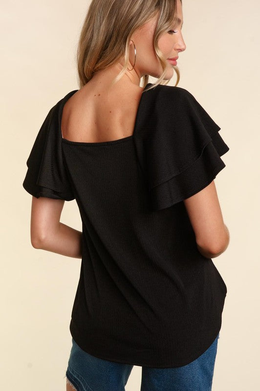 Square Neck, Ruffle Sleeve Blouse - Black-blouse- Hometown Style HTS, women's in store and online boutique located in Ingersoll, Ontario
