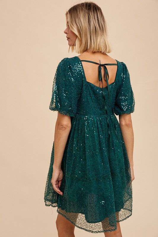 Babydoll Holiday Mini Dress - Evergreen-Dress- Hometown Style HTS, women's in store and online boutique located in Ingersoll, Ontario