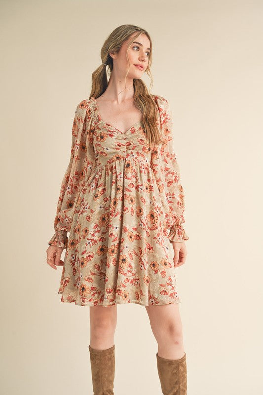 Floral Print Balloon Sleeve Mini Dress - Taupe-Dress- Hometown Style HTS, women's in store and online boutique located in Ingersoll, Ontario