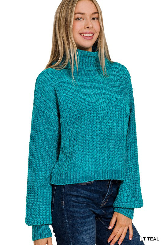 Chenille Turtleneck Sweater -Light Teal-Sweater- Hometown Style HTS, women's in store and online boutique located in Ingersoll, Ontario