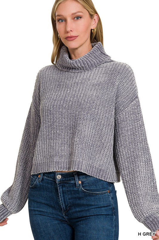 Chenille Turtleneck Sweater - Grey-Sweater- Hometown Style HTS, women's in store and online boutique located in Ingersoll, Ontario