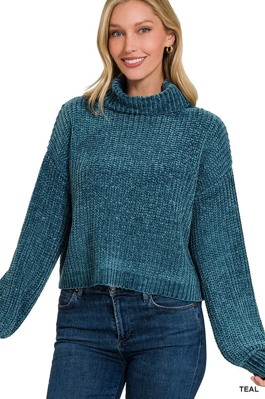 Chenille Turtleneck Sweater - Teal-Sweater- Hometown Style HTS, women's in store and online boutique located in Ingersoll, Ontario