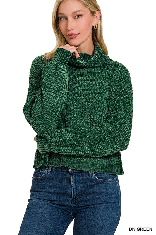 Chenille Turtleneck Sweater - Dark Green-Sweater- Hometown Style HTS, women's in store and online boutique located in Ingersoll, Ontario