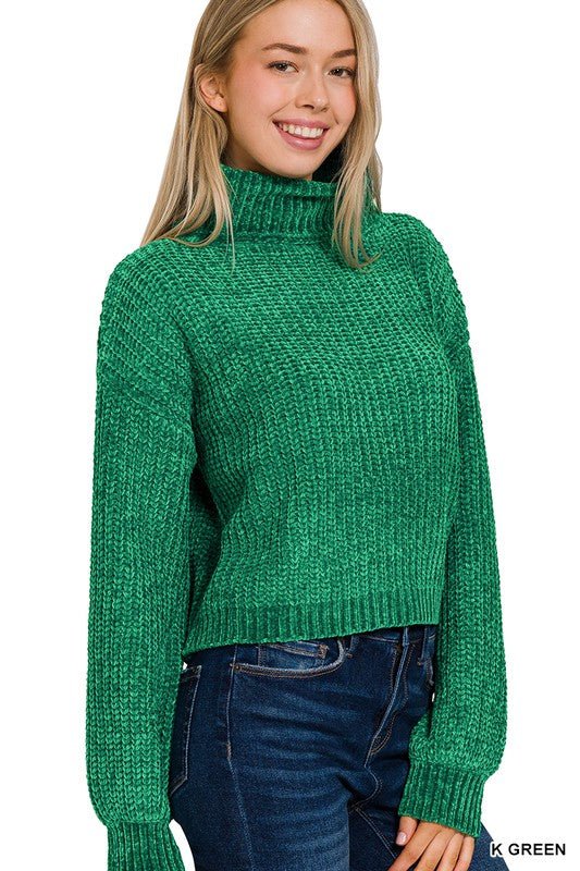 Chenille Turtleneck Sweater - Kelly Green-Sweater- Hometown Style HTS, women's in store and online boutique located in Ingersoll, Ontario