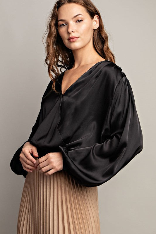 Silky Surplice Blouse - Black-blouse- Hometown Style HTS, women's in store and online boutique located in Ingersoll, Ontario