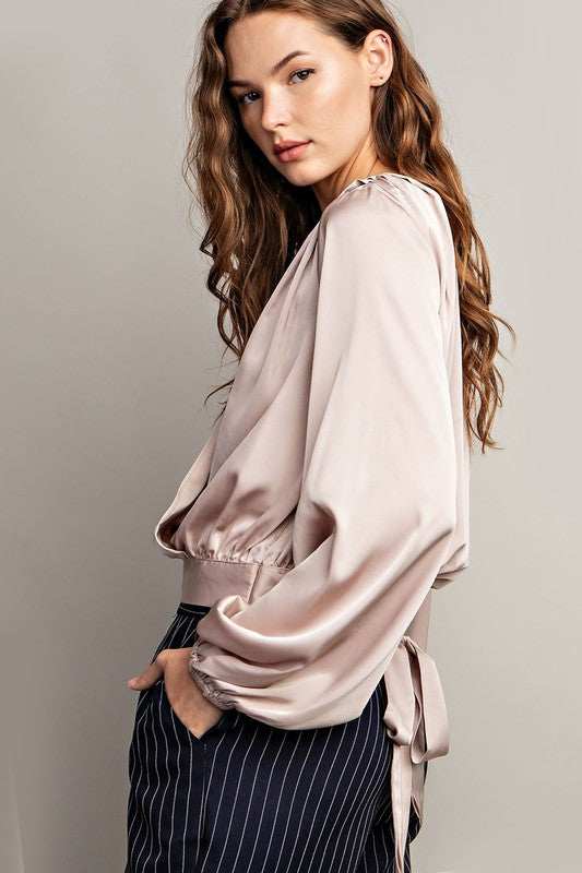 Silky Surplice Blouse - Champagne-blouse- Hometown Style HTS, women's in store and online boutique located in Ingersoll, Ontario