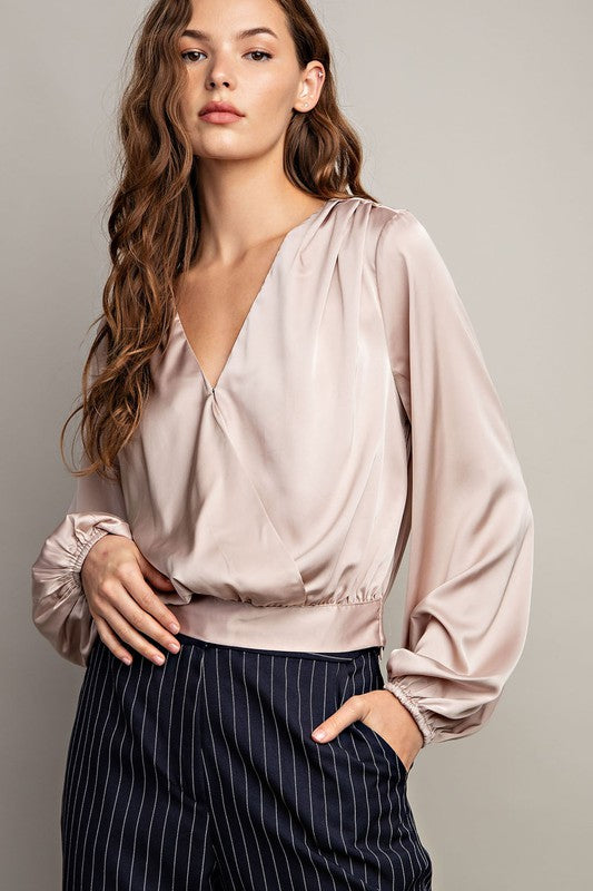Silky Surplice Blouse - Champagne-blouse- Hometown Style HTS, women's in store and online boutique located in Ingersoll, Ontario