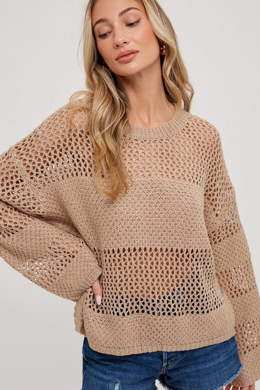 Open Knit Sweater Pullover - Taupe-Sweater- Hometown Style HTS, women's in store and online boutique located in Ingersoll, Ontario