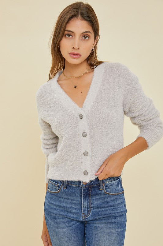 Fuzzy Ribbed Cardi - Silver-cardigan- Hometown Style HTS, women's in store and online boutique located in Ingersoll, Ontario