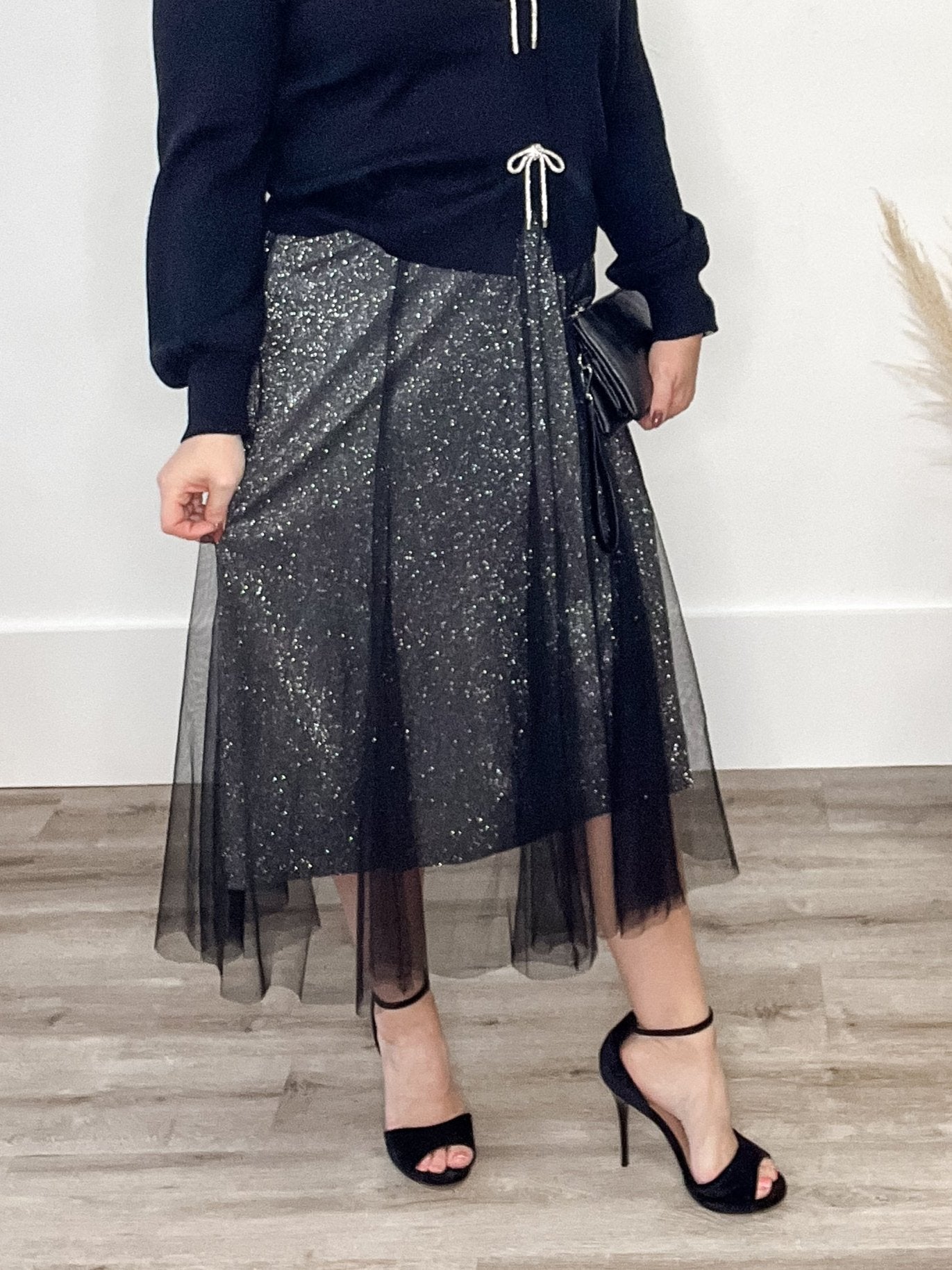 Ombre Glitter Mesh Midi Skirt - Black-skirt- Hometown Style HTS, women's in store and online boutique located in Ingersoll, Ontario