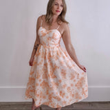 Corset Midi Floral Dress - Tangerine-dress- Hometown Style HTS, women's in store and online boutique located in Ingersoll, Ontario