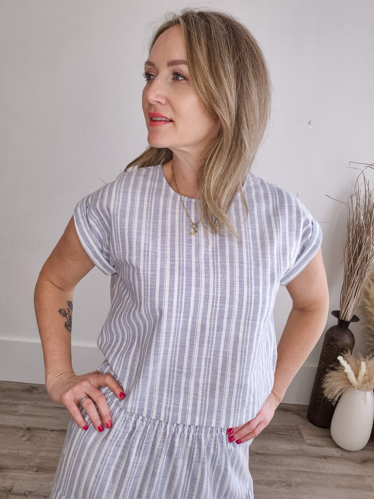 Striped Relaxed Crop top and Skirt Set - Blue-set- Hometown Style HTS, women's in store and online boutique located in Ingersoll, Ontario