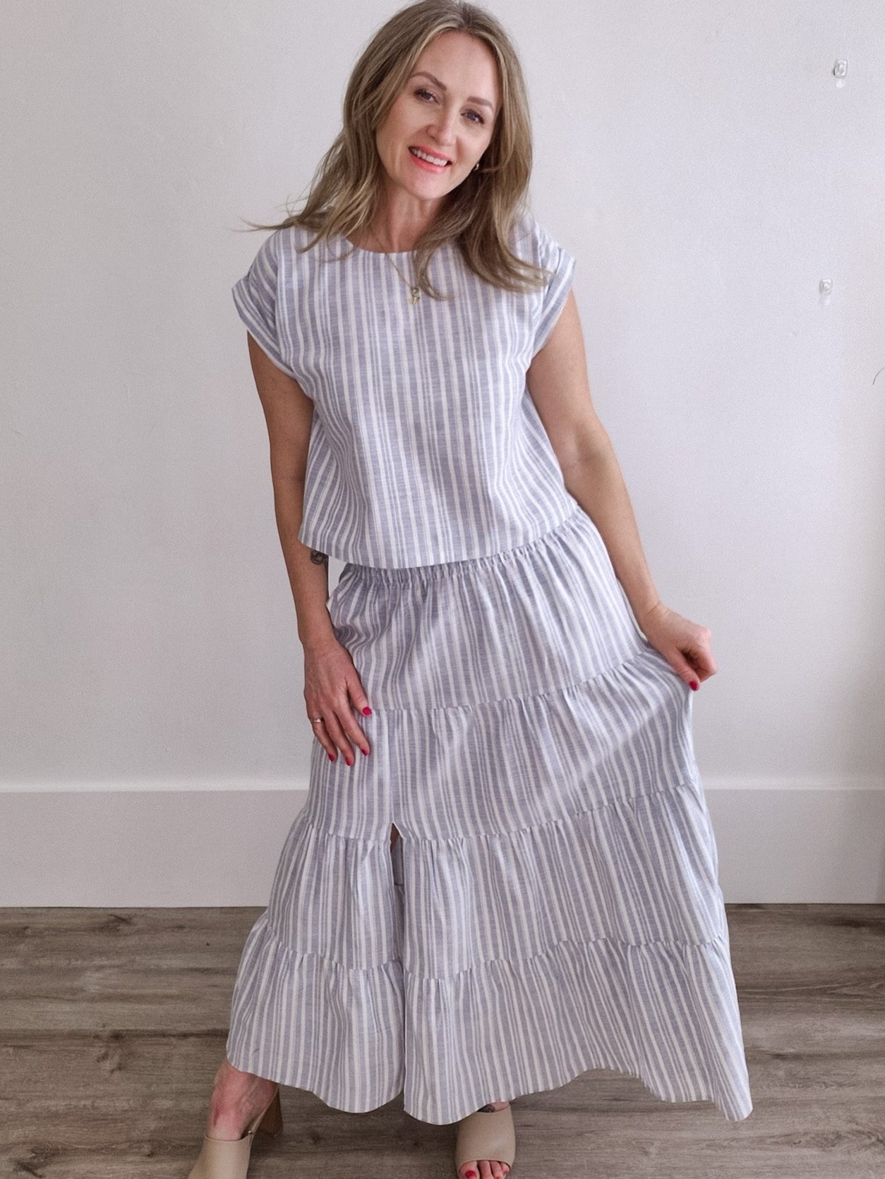 Striped Relaxed Crop top and Skirt Set - Blue-set- Hometown Style HTS, women's in store and online boutique located in Ingersoll, Ontario