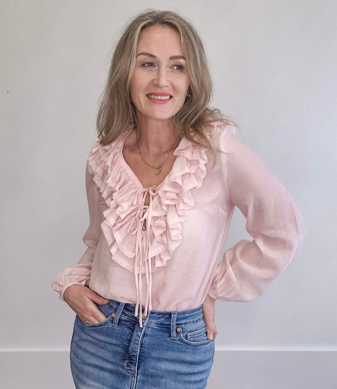 Ruffle Long Sleeve Blouse - Pink- Hometown Style HTS, women's in store and online boutique located in Ingersoll, Ontario
