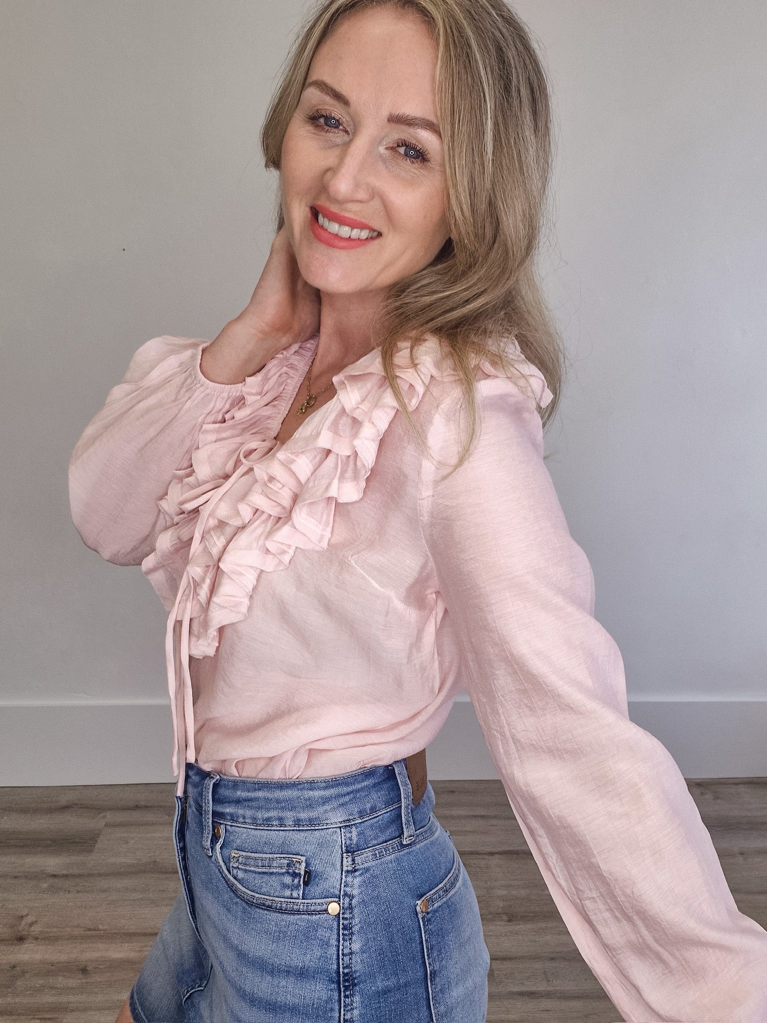 Ruffle Long Sleeve Blouse - Pink- Hometown Style HTS, women's in store and online boutique located in Ingersoll, Ontario