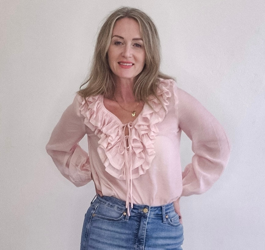 Ruffle Long Sleeve Blouse - Pink- Hometown Style HTS, women's in store and online boutique located in Ingersoll, Ontario
