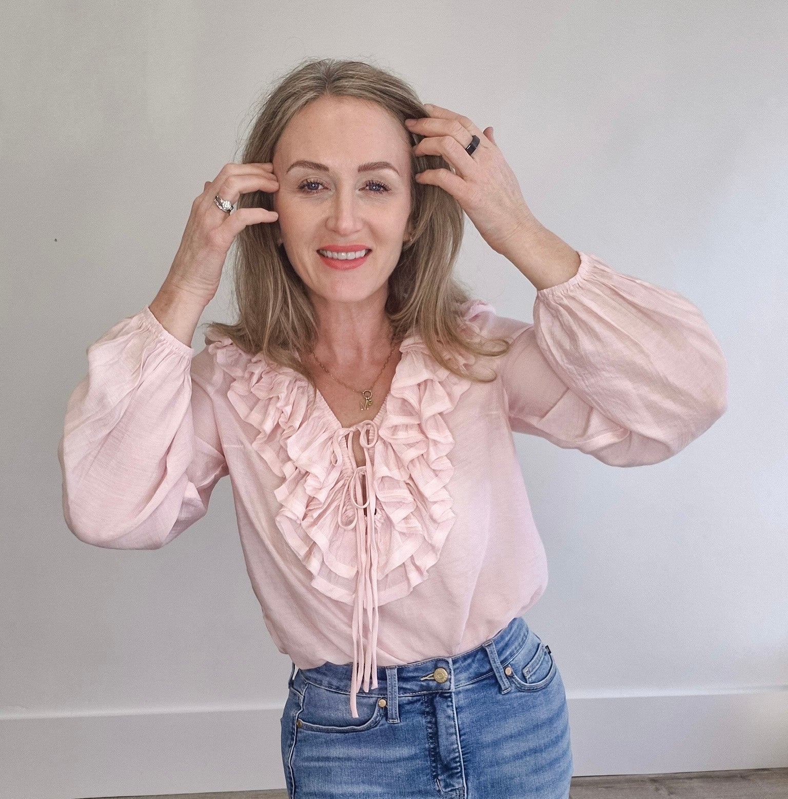 Ruffle Long Sleeve Blouse - Pink- Hometown Style HTS, women's in store and online boutique located in Ingersoll, Ontario
