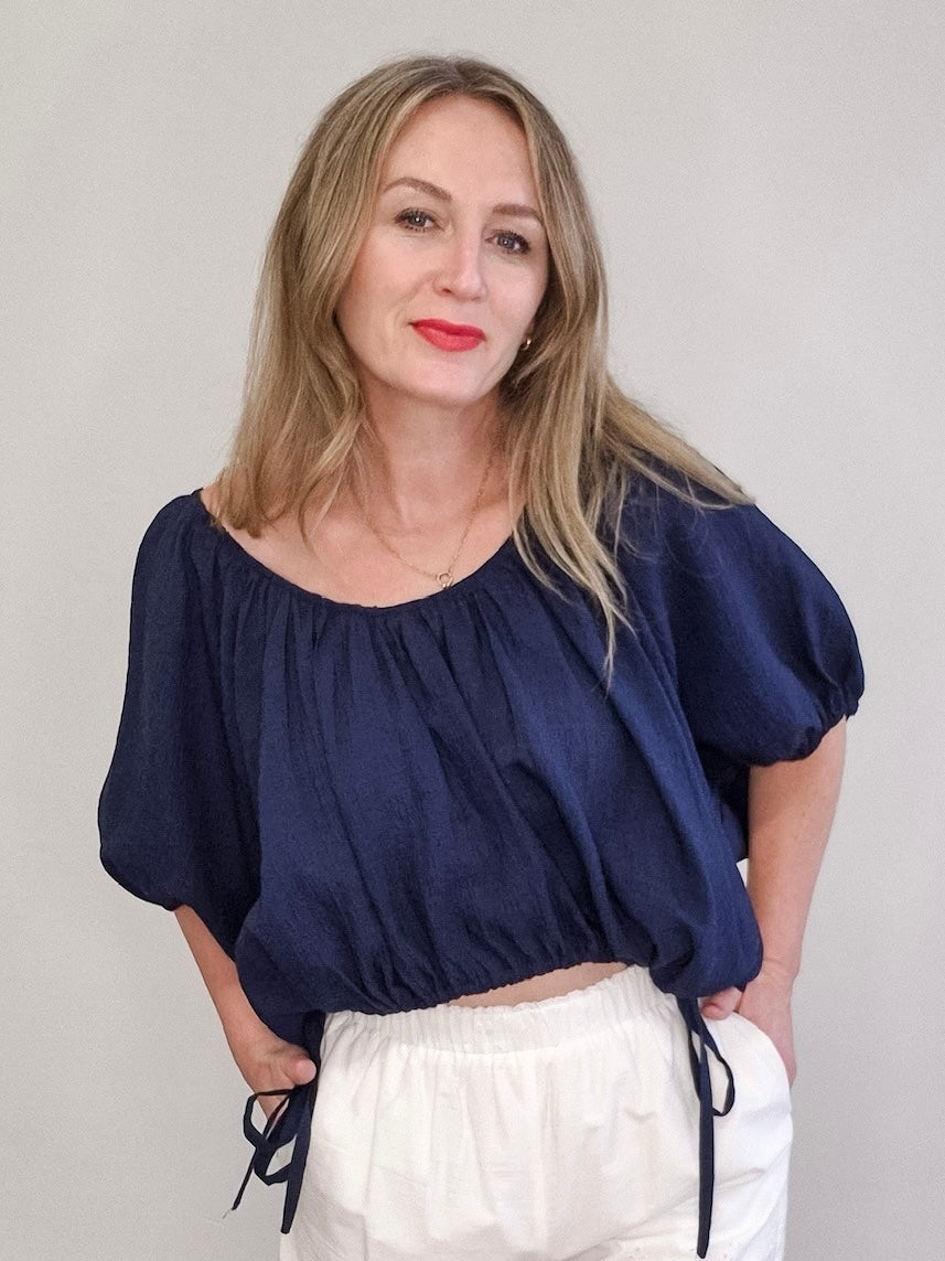 Puff Sleeve Scoop Neck - Navy-blouse- Hometown Style HTS, women's in store and online boutique located in Ingersoll, Ontario