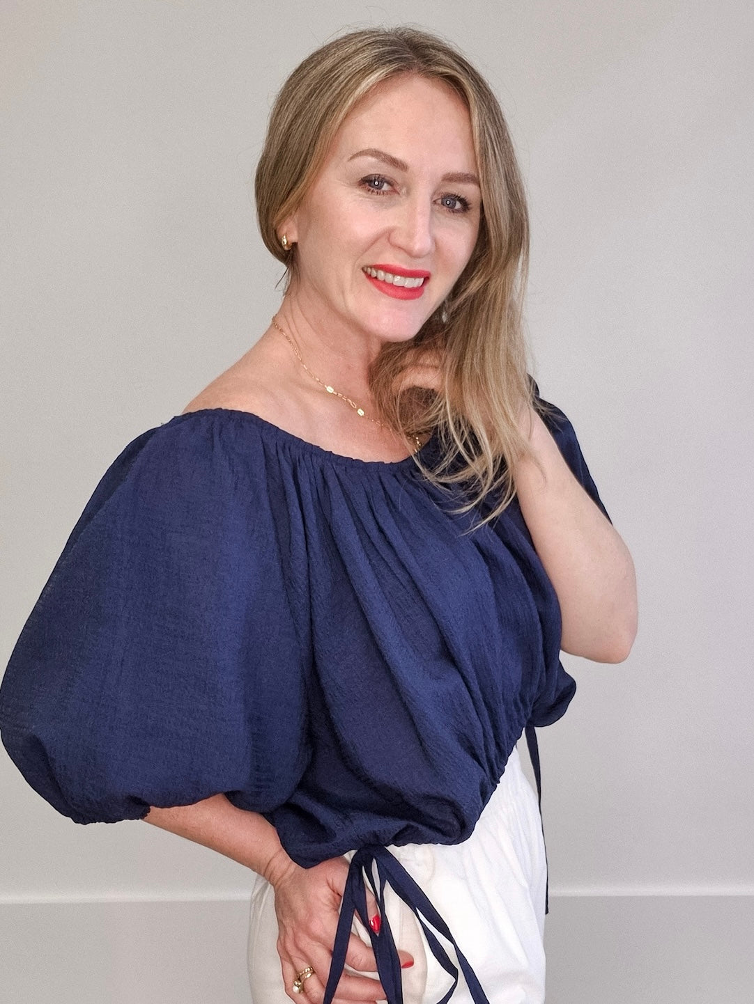 Puff Sleeve Scoop Neck - Navy-blouse- Hometown Style HTS, women's in store and online boutique located in Ingersoll, Ontario