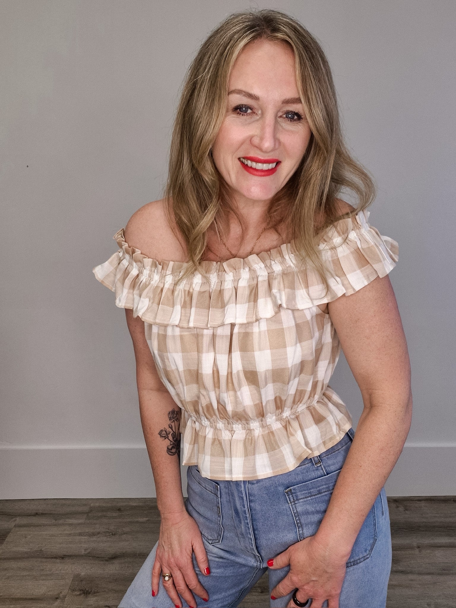 Gingham Ruffle Top-Tops- Hometown Style HTS, women's in store and online boutique located in Ingersoll, Ontario