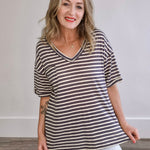 Oversized Stripe V Neck Tee - Grey-tee- Hometown Style HTS, women's in store and online boutique located in Ingersoll, Ontario