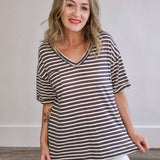 Oversized Stripe V Neck Tee - Grey-tee- Hometown Style HTS, women's in store and online boutique located in Ingersoll, Ontario