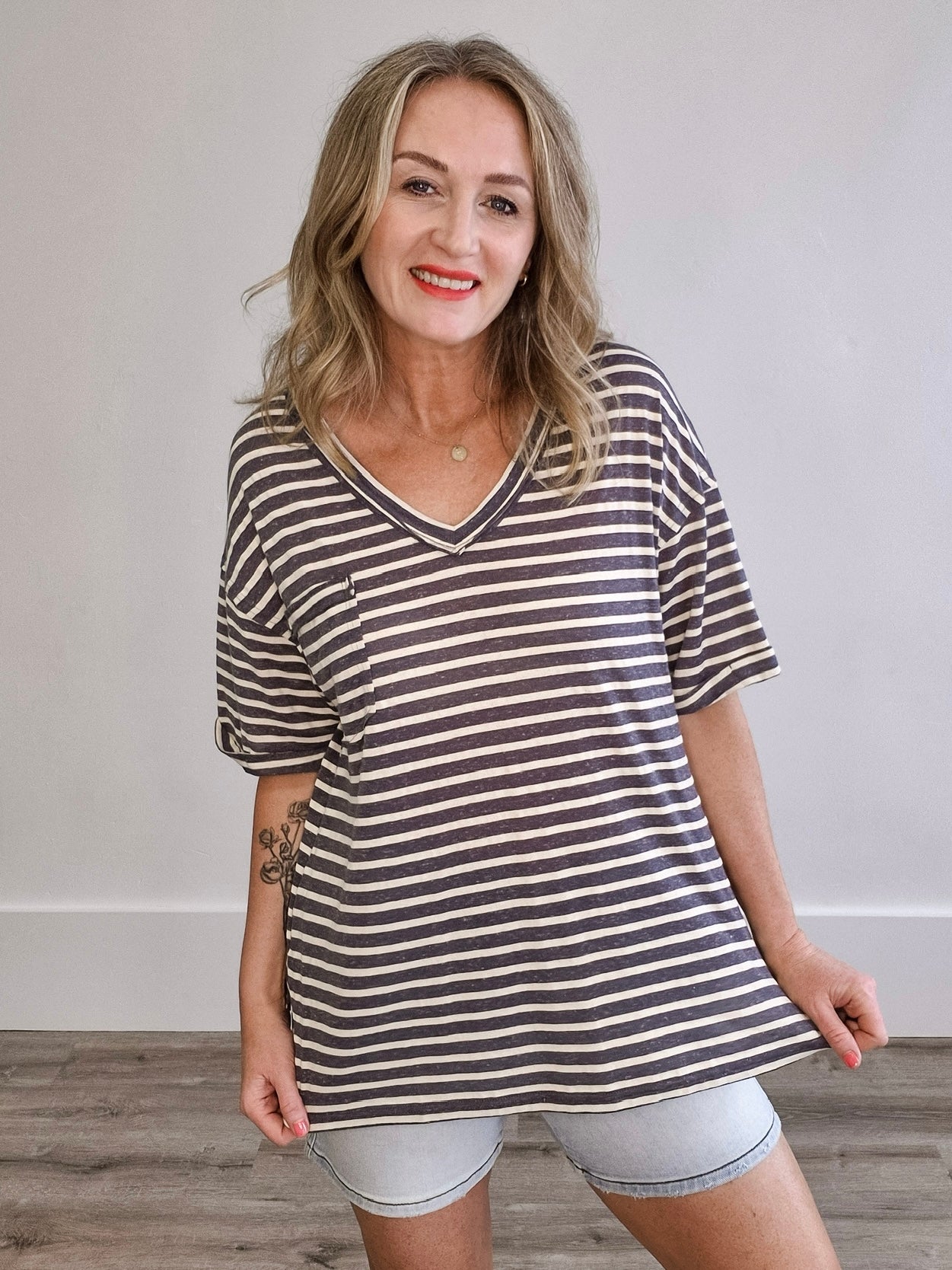 Oversized Stripe V Neck Tee - Grey-tee- Hometown Style HTS, women's in store and online boutique located in Ingersoll, Ontario