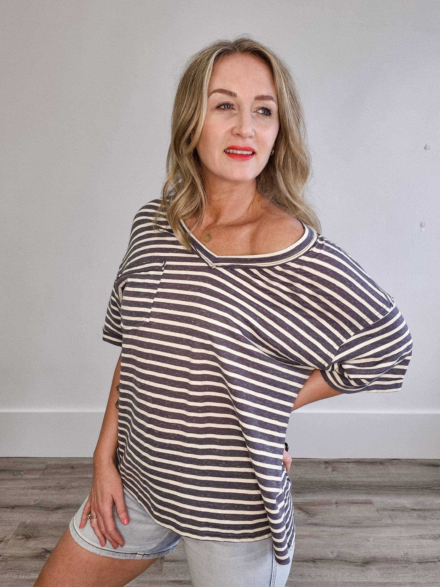 Oversized Stripe V Neck Tee - Grey-tee- Hometown Style HTS, women's in store and online boutique located in Ingersoll, Ontario