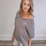 Oversized Stripe V Neck Tee - Grey-tee- Hometown Style HTS, women's in store and online boutique located in Ingersoll, Ontario