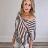 Oversized Stripe V Neck Tee - Grey-tee- Hometown Style HTS, women's in store and online boutique located in Ingersoll, Ontario