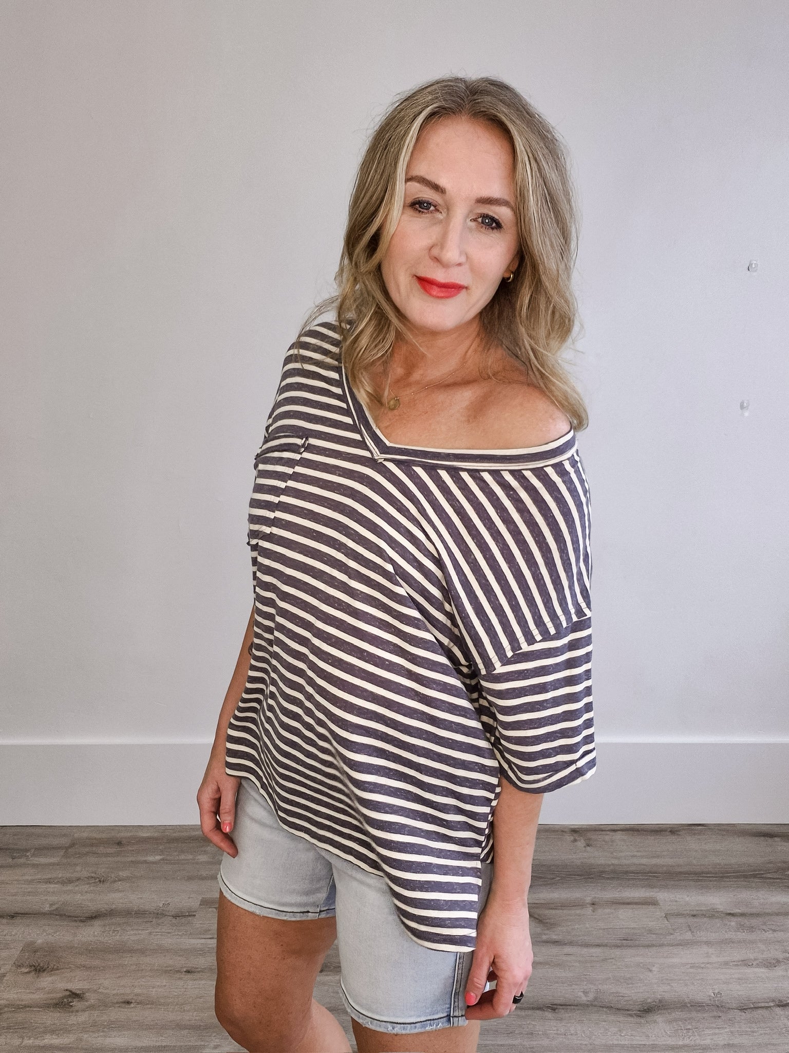 Oversized Stripe V Neck Tee - Grey-tee- Hometown Style HTS, women's in store and online boutique located in Ingersoll, Ontario