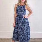 Sleeveless Lace Back Up Midi Dress - Navy-Special Occasion Dress- Hometown Style HTS, women's in store and online boutique located in Ingersoll, Ontario
