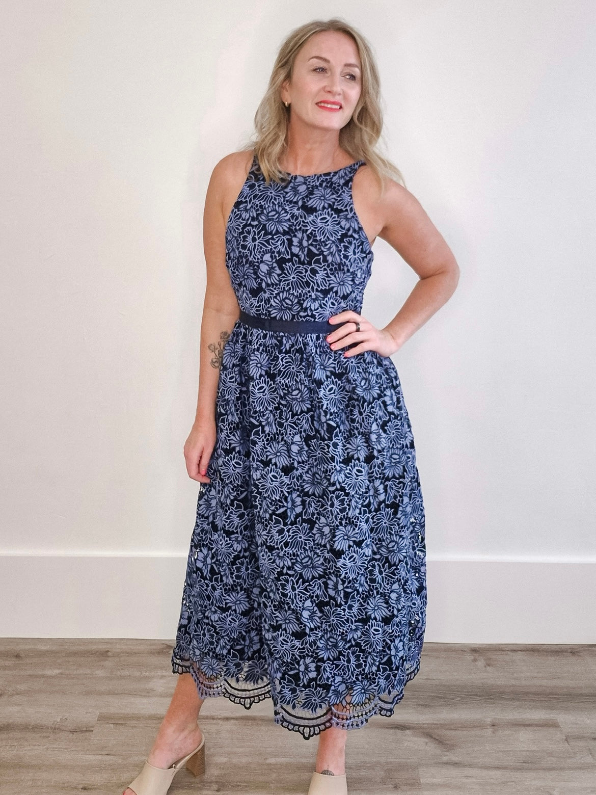 Sleeveless Lace Back Up Midi Dress - Navy-Special Occasion Dress- Hometown Style HTS, women's in store and online boutique located in Ingersoll, Ontario