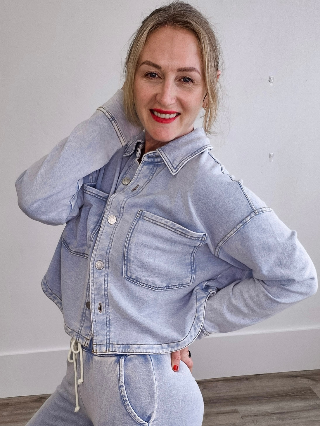 All Day Cropped Knit Jacket - Washed Indigo-Coats & Jackets- Hometown Style HTS, women's in store and online boutique located in Ingersoll, Ontario