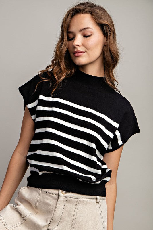 Mock Neck, Short Sleeve - Black Stripe-Tops- Hometown Style HTS, women's in store and online boutique located in Ingersoll, Ontario