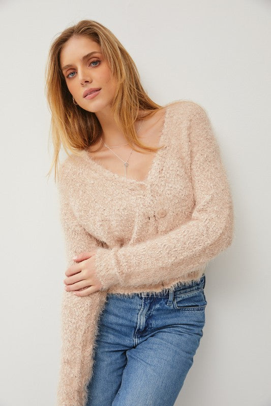 Snug Fuzzy Cardigan - Seashell-cardigan- Hometown Style HTS, women's in store and online boutique located in Ingersoll, Ontario