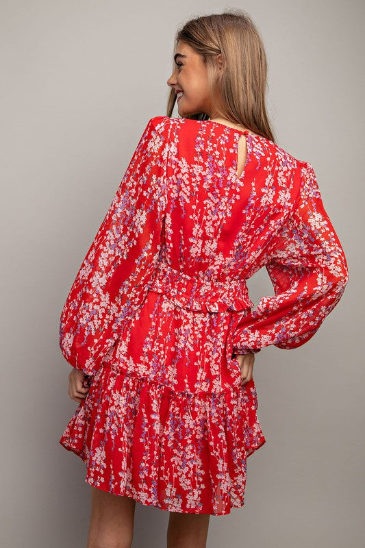 Floral Print Mini Dress - Red-dresses- Hometown Style HTS, women's in store and online boutique located in Ingersoll, Ontario